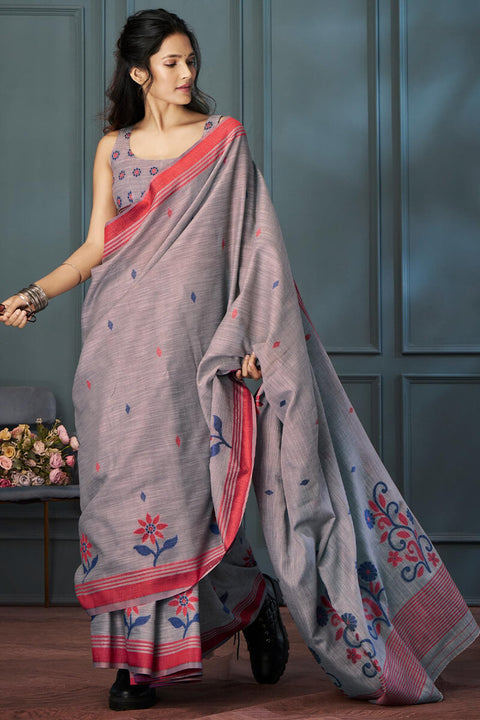 VastraLakshmi Tempting Grey Cotton Silk Saree With Supernal Blouse Piece