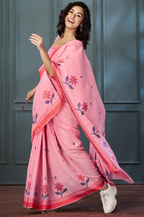 VastraLakshmi Enthralling Pink Cotton Silk Saree With Vibrant Blouse Piece