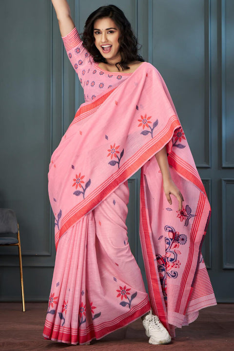 VastraLakshmi Enthralling Pink Cotton Silk Saree With Vibrant Blouse Piece