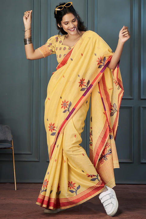 VastraLakshmi Ineffable Yellow Cotton Silk Saree With Nectarous Blouse Piece