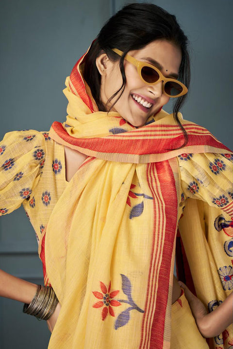 VastraLakshmi Ineffable Yellow Cotton Silk Saree With Nectarous Blouse Piece