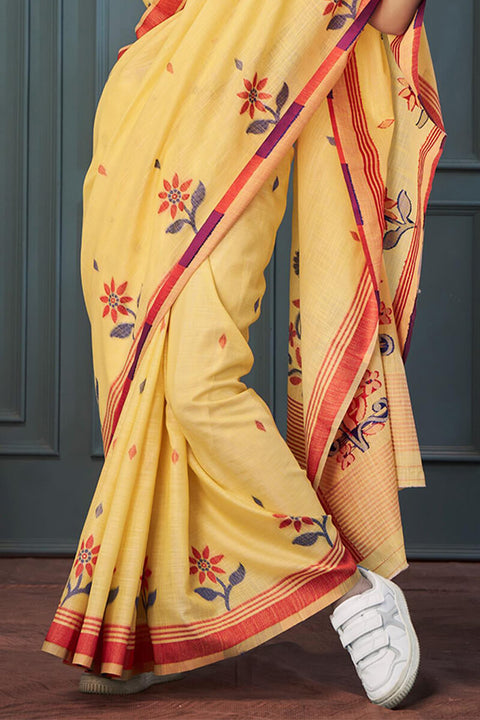 VastraLakshmi Ineffable Yellow Cotton Silk Saree With Nectarous Blouse Piece