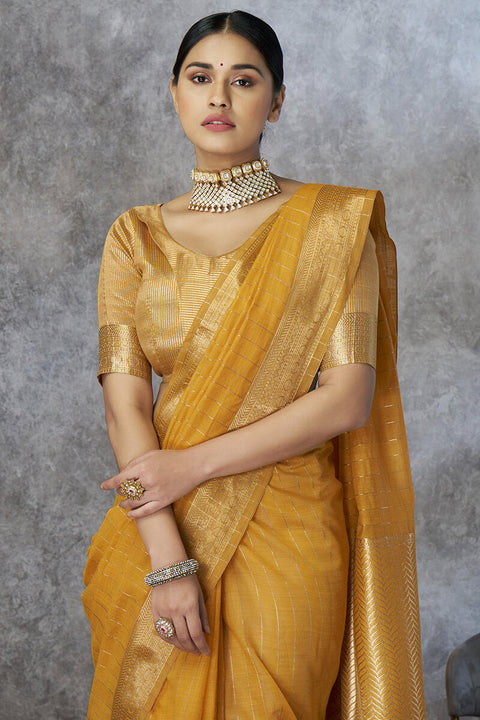 VastraLakshmi Profuse Mustard Cotton Silk Saree With Panache Blouse Piece