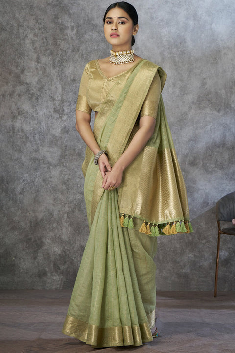 VastraLakshmi Zephyr Pista Cotton Silk Saree With Ornate Blouse Piece