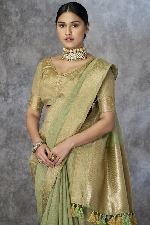 VastraLakshmi Zephyr Pista Cotton Silk Saree With Ornate Blouse Piece