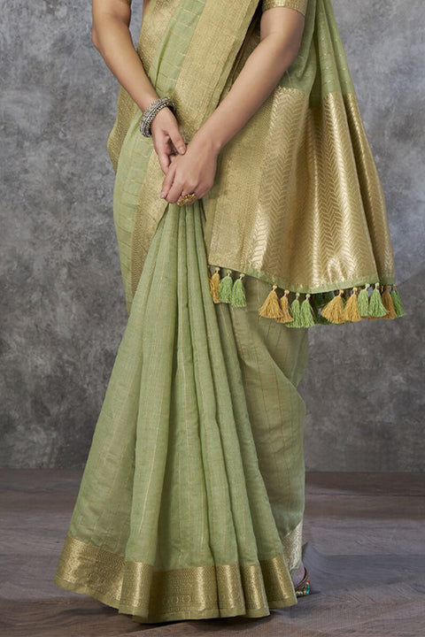 VastraLakshmi Zephyr Pista Cotton Silk Saree With Ornate Blouse Piece