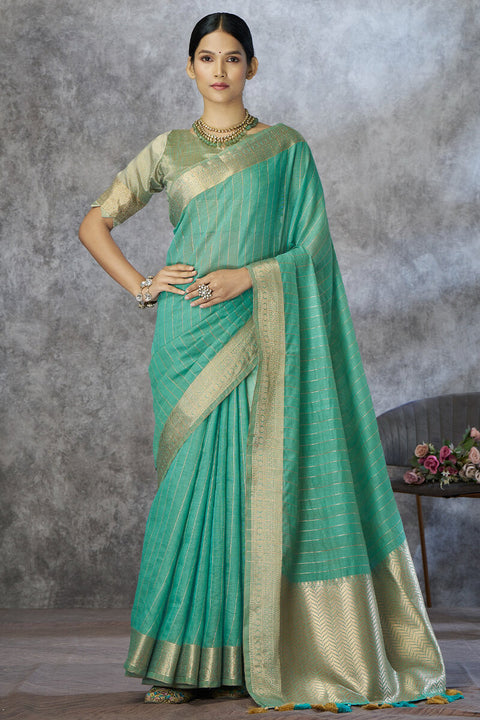 VastraLakshmi Snappy Sea Green Cotton Silk Saree With Phenomenal Blouse Piece