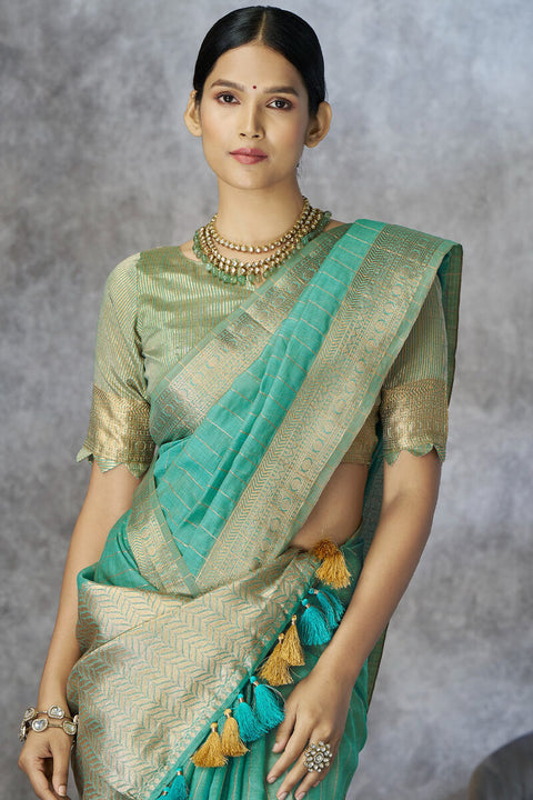 VastraLakshmi Snappy Sea Green Cotton Silk Saree With Phenomenal Blouse Piece