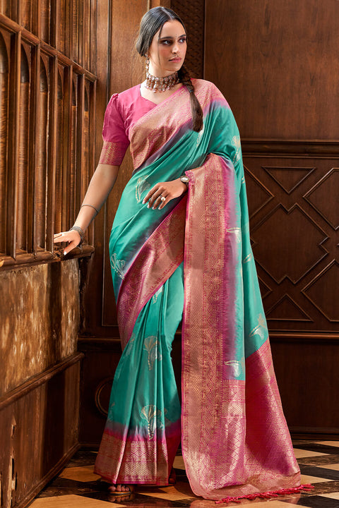 VastraLakshmi Angelic Firozi Soft Banarasi Silk Saree With Ailurophile Blouse Piece