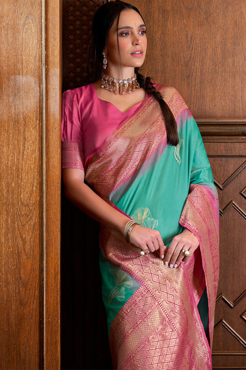 VastraLakshmi Angelic Firozi Soft Banarasi Silk Saree With Ailurophile Blouse Piece