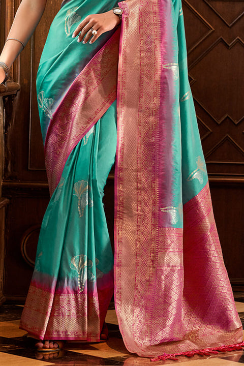 VastraLakshmi Angelic Firozi Soft Banarasi Silk Saree With Ailurophile Blouse Piece