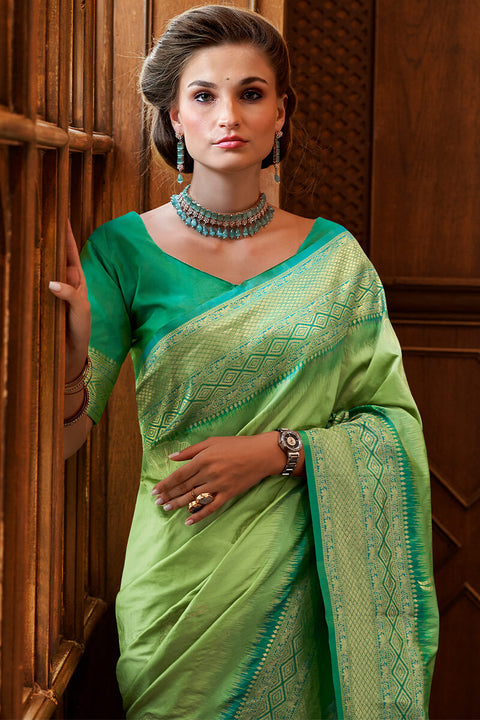 VastraLakshmi Sumptuous Sea Green Soft Banarasi Silk Saree With Incredible Blouse Piece