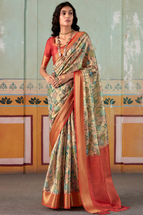 VastraLakshmi Demure Pista Digital Printed Soft Silk Saree With Ideal Blouse Piece