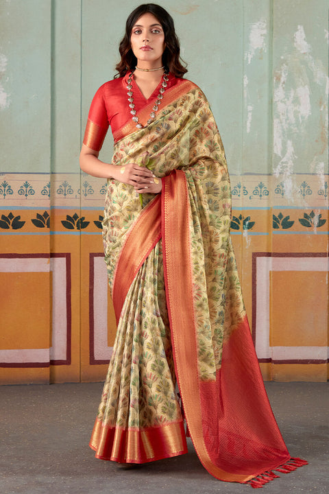 VastraLakshmi Exquisite Beige Digital Printed Soft Silk Saree With Dalliance Blouse Piece