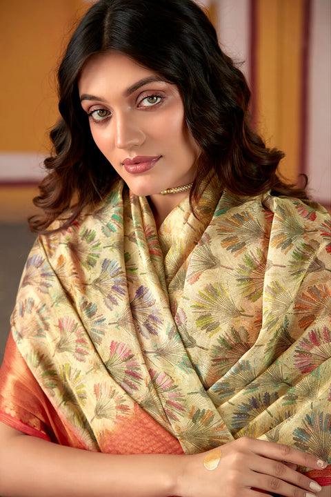 VastraLakshmi Exquisite Beige Digital Printed Soft Silk Saree With Dalliance Blouse Piece