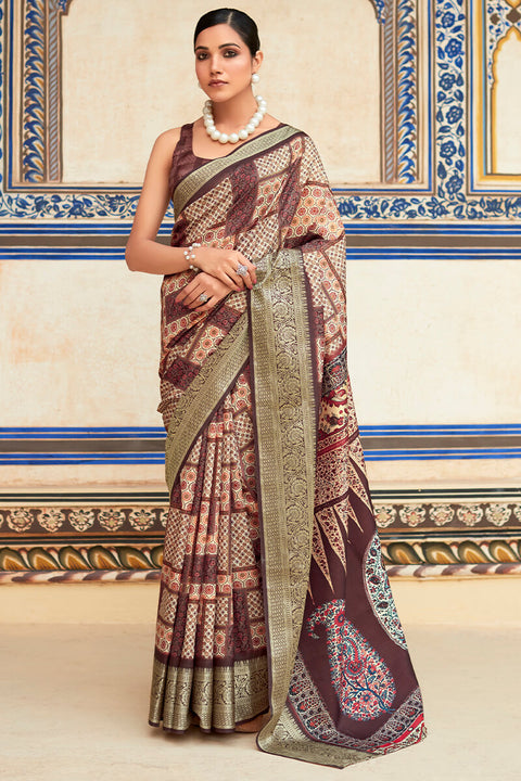 VastraLakshmi Gratifying Wine Digital Printed Dola Silk Saree With Supernal Blouse Piece