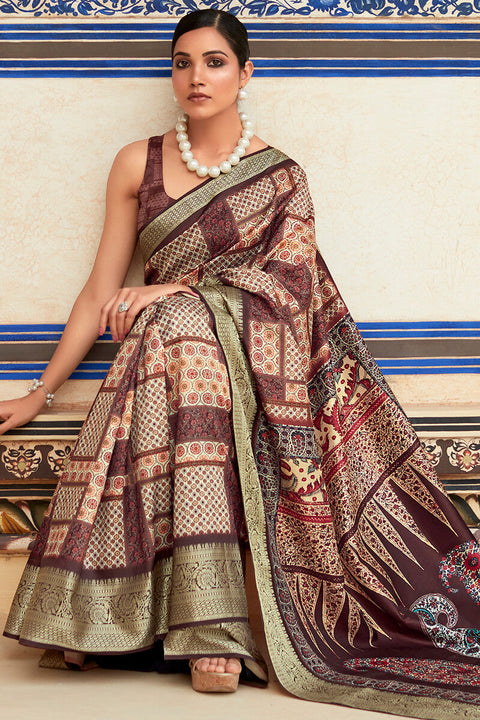 VastraLakshmi Gratifying Wine Digital Printed Dola Silk Saree With Supernal Blouse Piece