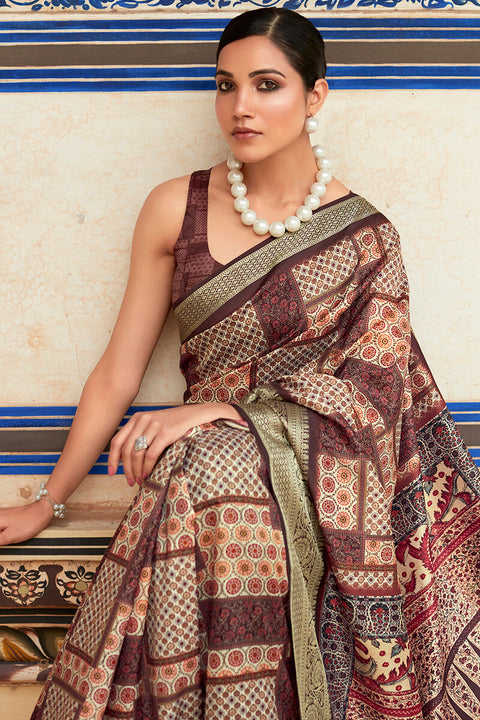 VastraLakshmi Gratifying Wine Digital Printed Dola Silk Saree With Supernal Blouse Piece