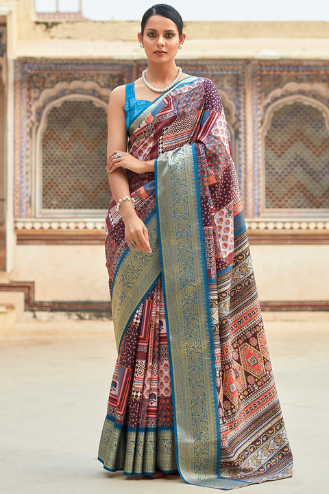 VastraLakshmi Gratifying Wine Digital Printed Dola Silk Saree With Ratatouille Blouse Piece