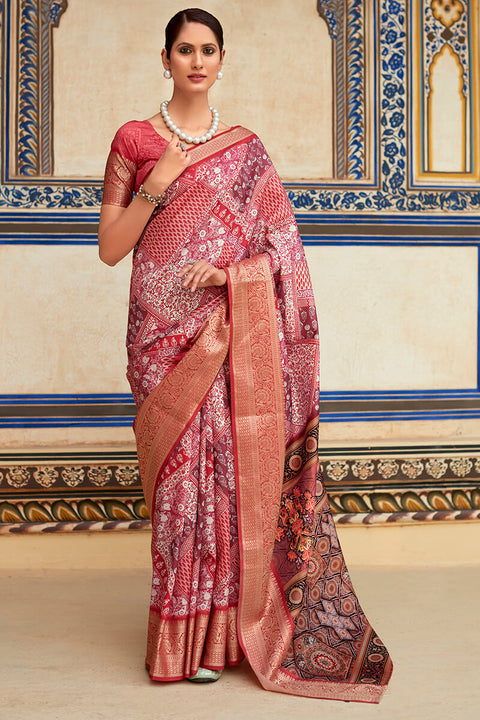 VastraLakshmi Fugacious Maroon Digital Printed Dola Silk Saree With Ebullience Blouse Piece