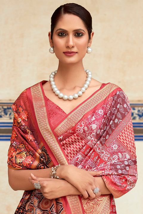 VastraLakshmi Fugacious Maroon Digital Printed Dola Silk Saree With Ebullience Blouse Piece