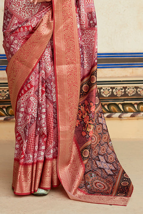 VastraLakshmi Fugacious Maroon Digital Printed Dola Silk Saree With Ebullience Blouse Piece