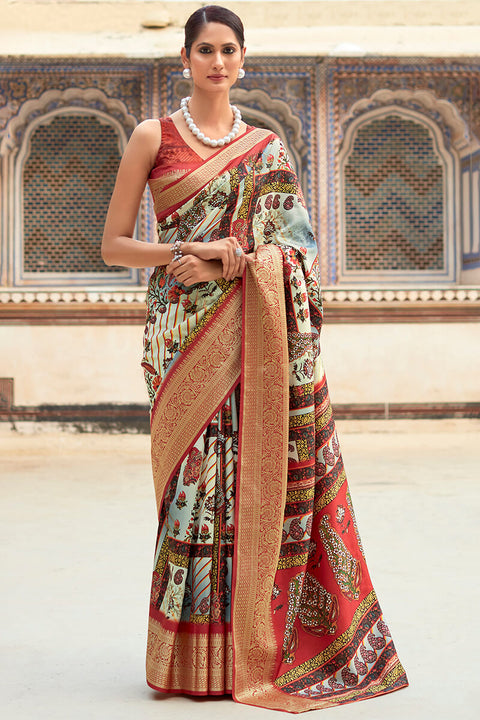 VastraLakshmi Brood Beige Digital Printed Dola Silk Saree With Exquisite Blouse Piece