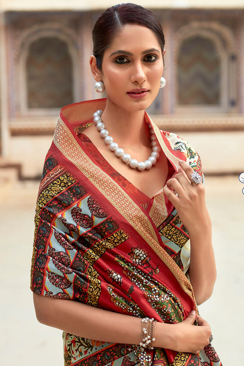 VastraLakshmi Brood Beige Digital Printed Dola Silk Saree With Exquisite Blouse Piece