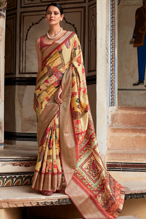 VastraLakshmi Glorious Yellow Digital Printed Dola Silk Saree With Captivating Blouse Piece