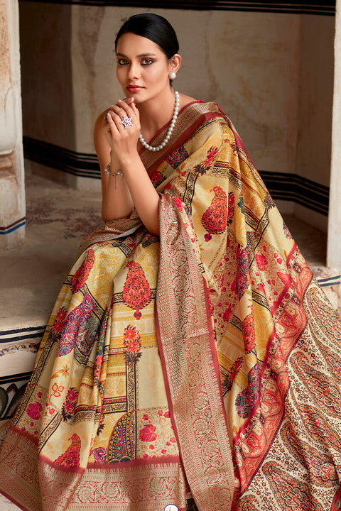 VastraLakshmi Glorious Yellow Digital Printed Dola Silk Saree With Captivating Blouse Piece