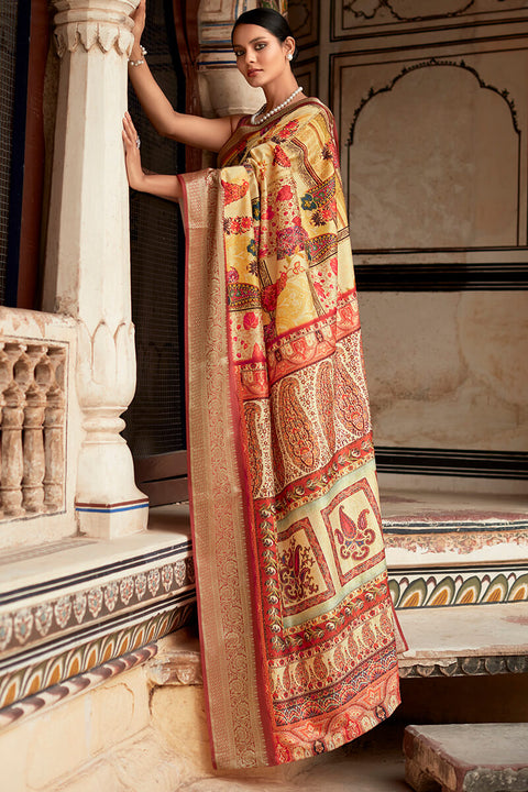 VastraLakshmi Glorious Yellow Digital Printed Dola Silk Saree With Captivating Blouse Piece