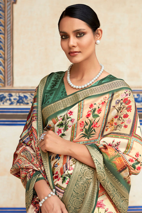 VastraLakshmi Charming Beige Digital Printed Dola Silk Saree With Stylish Blouse Piece