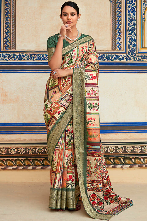 VastraLakshmi Charming Beige Digital Printed Dola Silk Saree With Stylish Blouse Piece