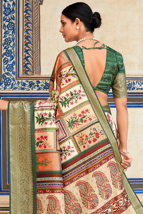 VastraLakshmi Charming Beige Digital Printed Dola Silk Saree With Stylish Blouse Piece