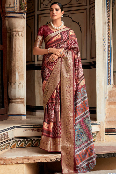 VastraLakshmi Sophisticated Wine Digital Printed Dola Silk Saree With Flattering Blouse Piece