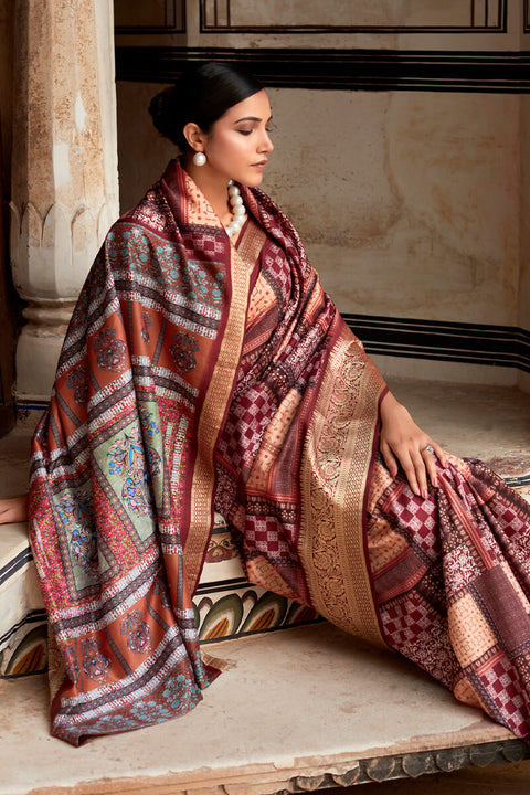 VastraLakshmi Sophisticated Wine Digital Printed Dola Silk Saree With Flattering Blouse Piece