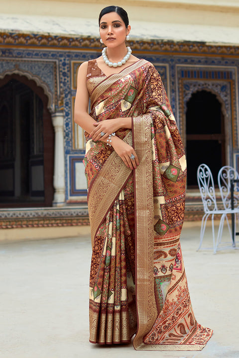 VastraLakshmi Amazing Brown Digital Printed Dola Silk Saree With Invaluable Blouse Piece