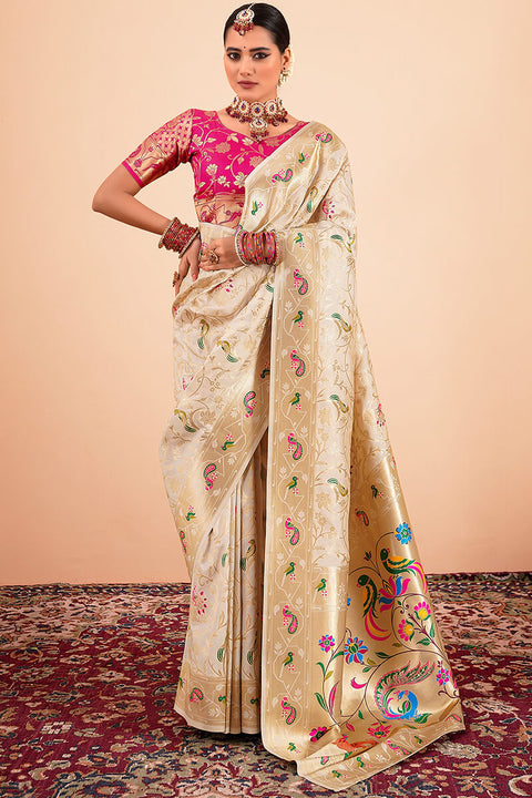 VastraLakshmi Trendy Beige Paithani Silk Saree With Gleaming Blouse Piece