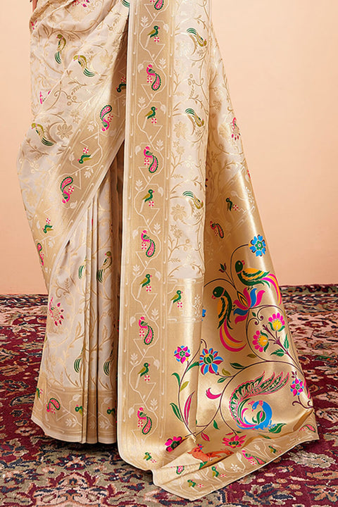 VastraLakshmi Trendy Beige Paithani Silk Saree With Gleaming Blouse Piece