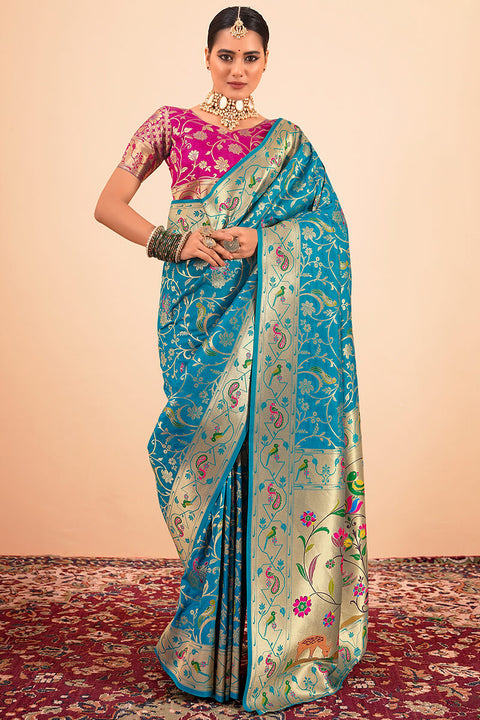 VastraLakshmi Capricious Firozi Paithani Silk Saree With Girlish Blouse Piece