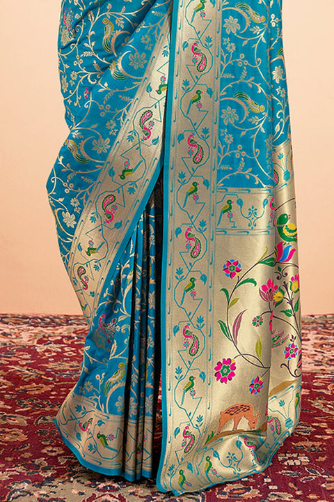 VastraLakshmi Capricious Firozi Paithani Silk Saree With Girlish Blouse Piece