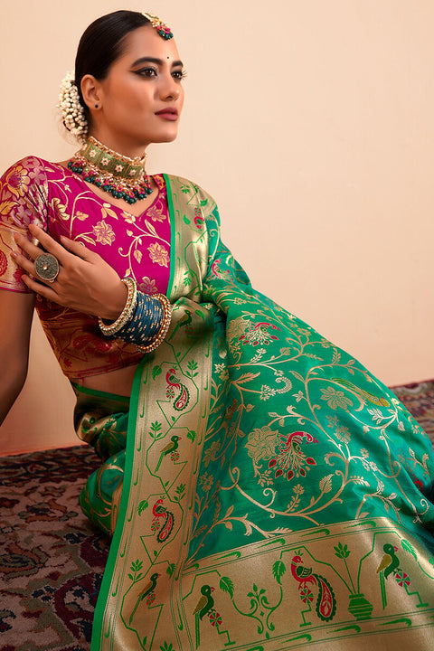 VastraLakshmi Ethnic Green Paithani Silk Saree With Ravishing Blouse Piece