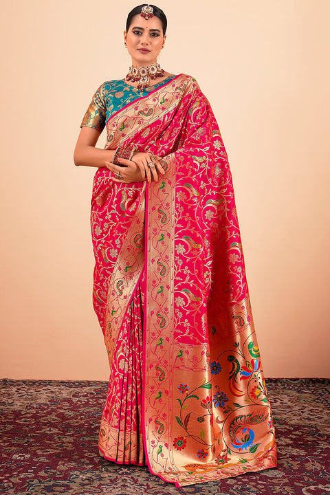 VastraLakshmi Glorious Dark Pink Paithani Silk Saree With Bewitching Blouse Piece