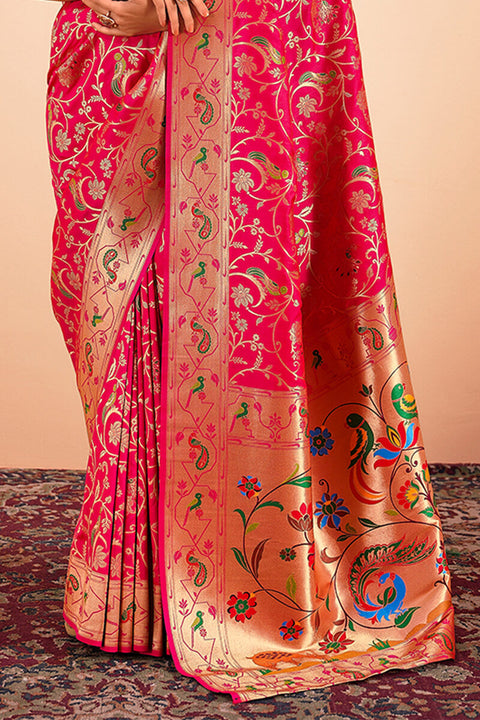 VastraLakshmi Glorious Dark Pink Paithani Silk Saree With Bewitching Blouse Piece