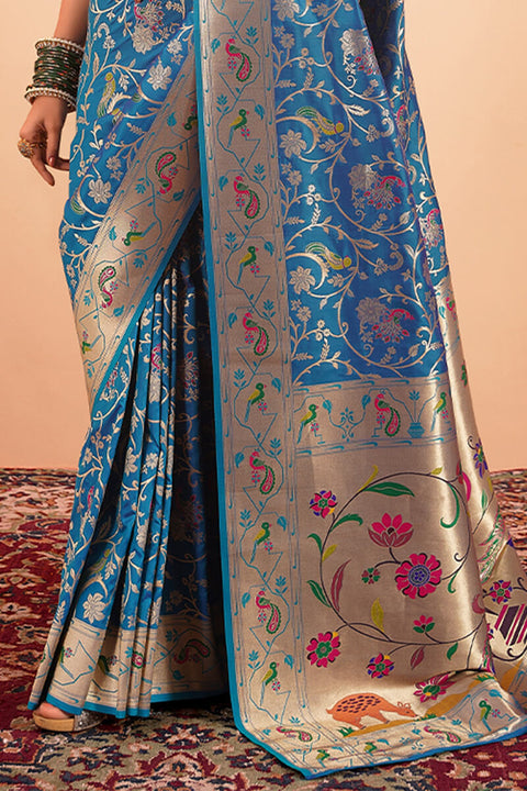 VastraLakshmi Desuetude Blue Paithani Silk Saree With Tempting Blouse Piece