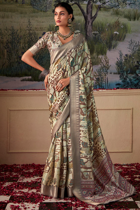 VastraLakshmi Demure Pista Digital Printed Tussar Silk Saree With Elision Blouse Piece