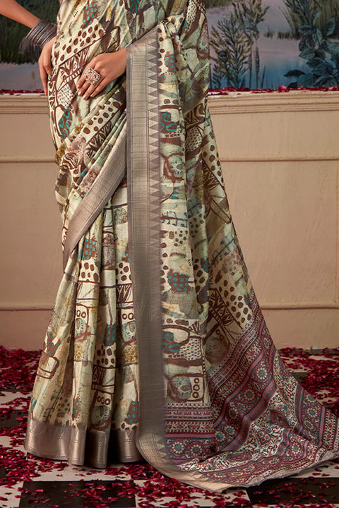 VastraLakshmi Demure Pista Digital Printed Tussar Silk Saree With Elision Blouse Piece