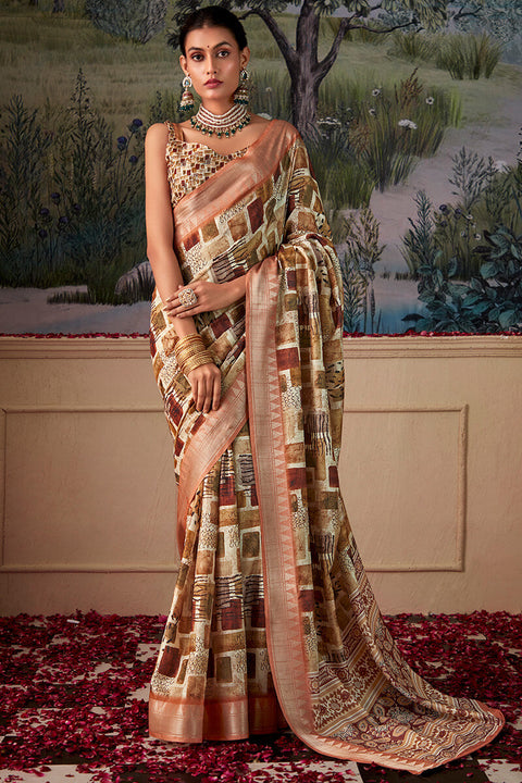 VastraLakshmi Moiety Brown Digital Printed Tussar Silk Saree With Sumptuous Blouse Piece