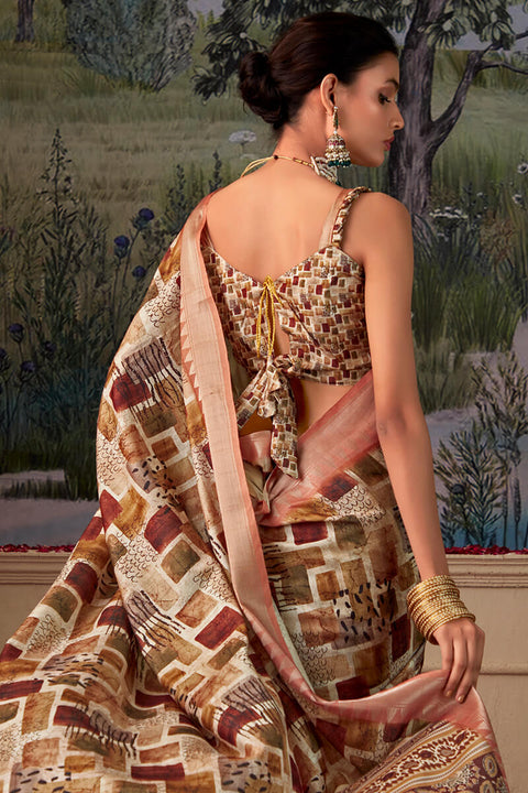 VastraLakshmi Moiety Brown Digital Printed Tussar Silk Saree With Sumptuous Blouse Piece