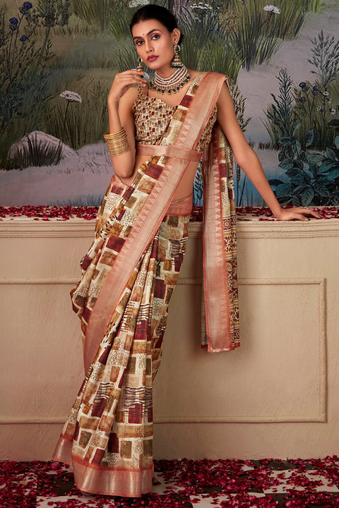 VastraLakshmi Moiety Brown Digital Printed Tussar Silk Saree With Sumptuous Blouse Piece